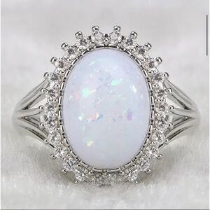 White Opal & Diamond Luxury Silver Ring